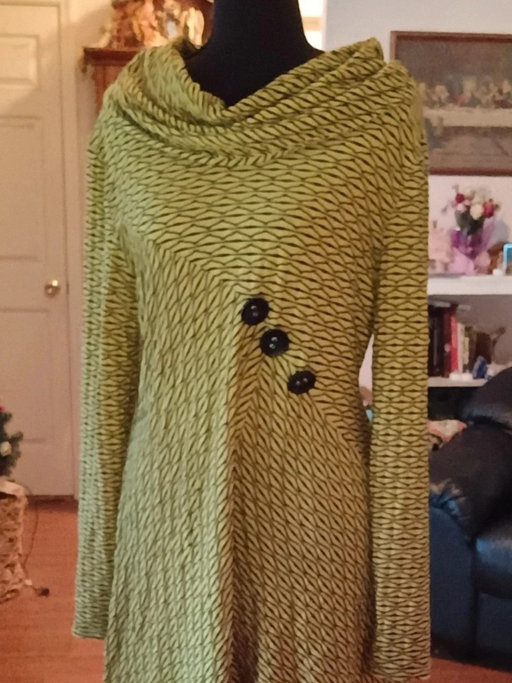 Ali Miles Chartreuse Cowl Neck Dress with Side Button Accents